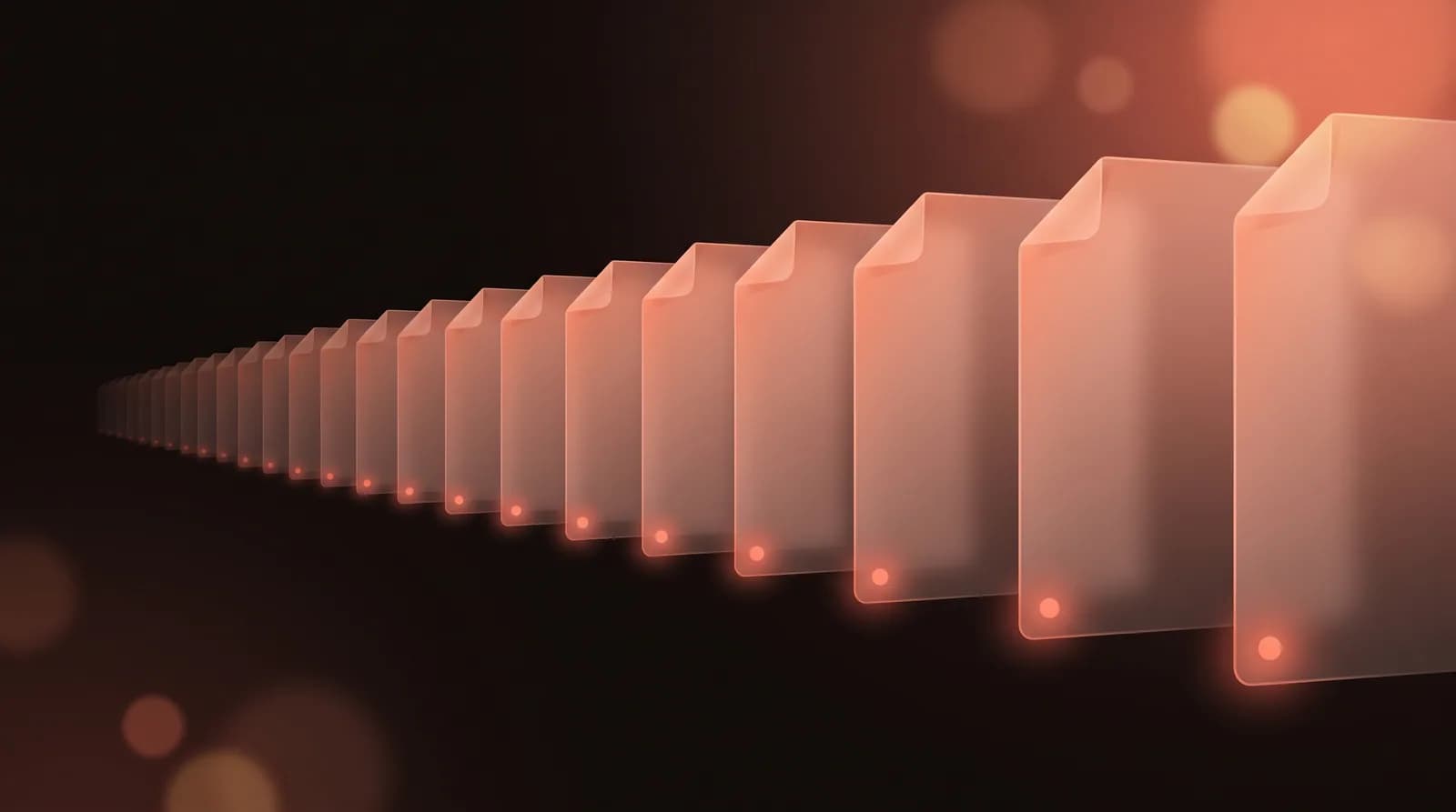 A long receding row of identical blank sheets in sequence, each with a small glowing dot at the same lower corner.