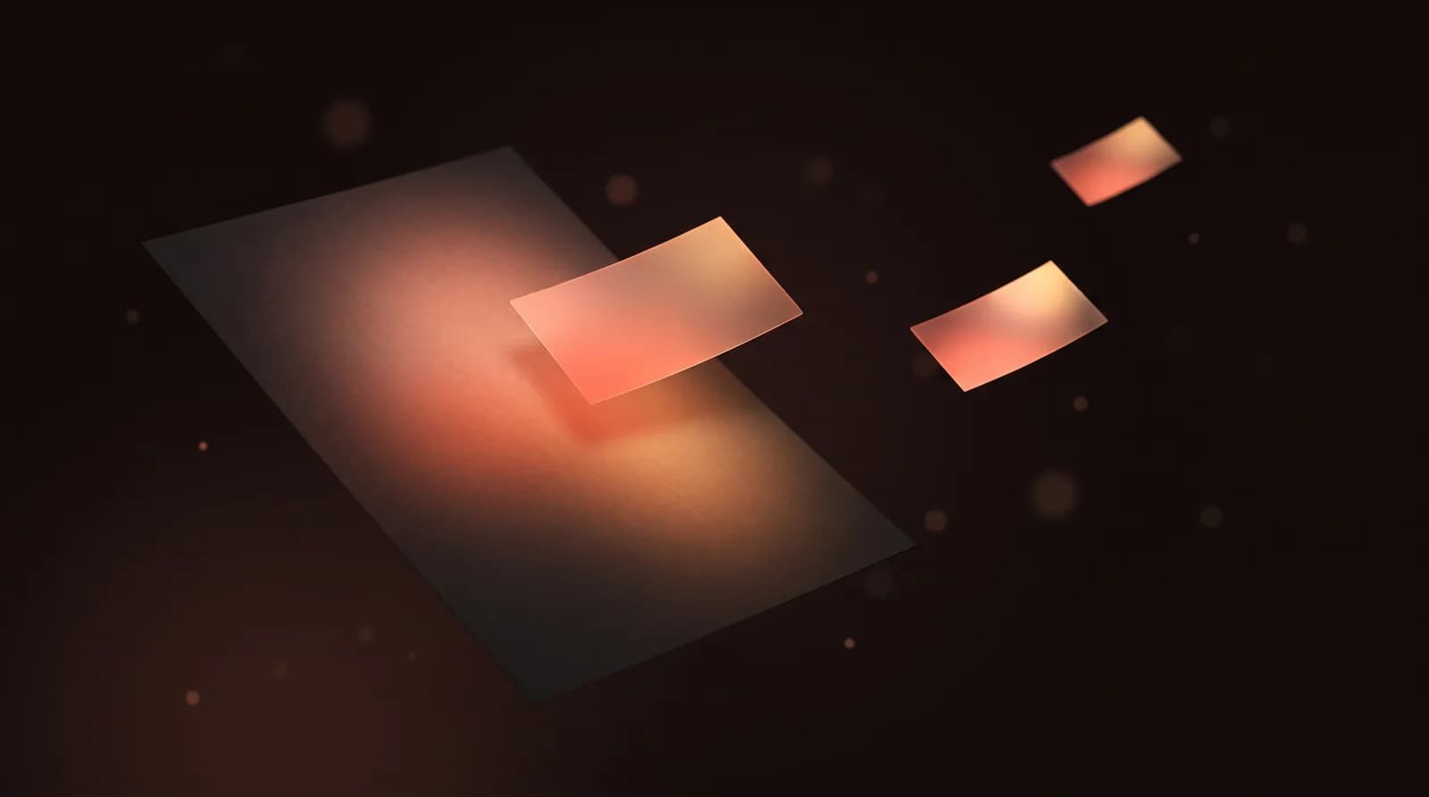 A large blank sheet at an angle with small luminous rectangular planes peeling up off its surface and drifting away.
