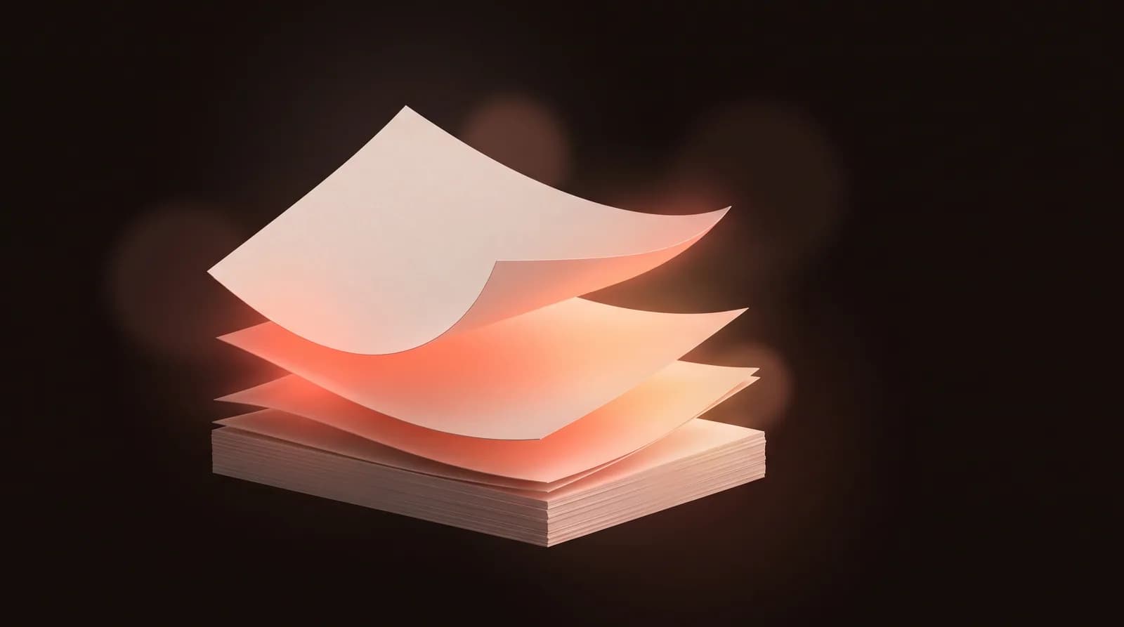 Three blank pages lifting cleanly up and out of an ordered stack and floating free above it.