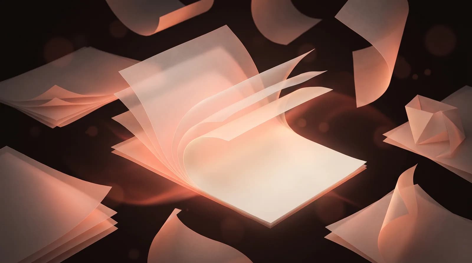 Several separated floating layers of translucent blank paper pressing down and fusing into one solid opaque sheet.