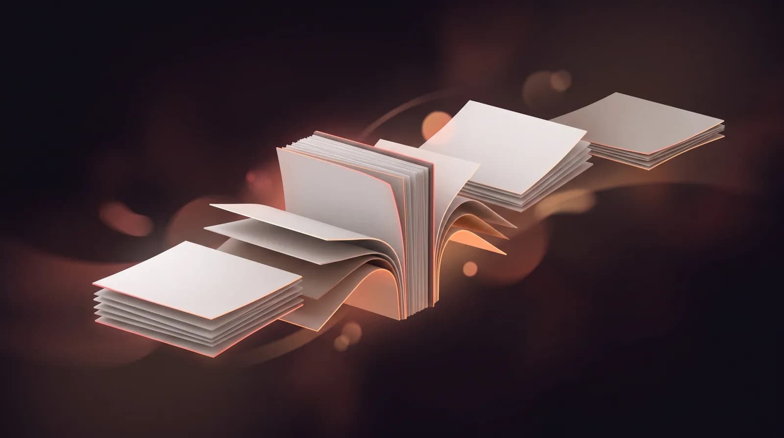 Several separate small stacks of blank pages sliding together and interleaving into one single tall bound stack.