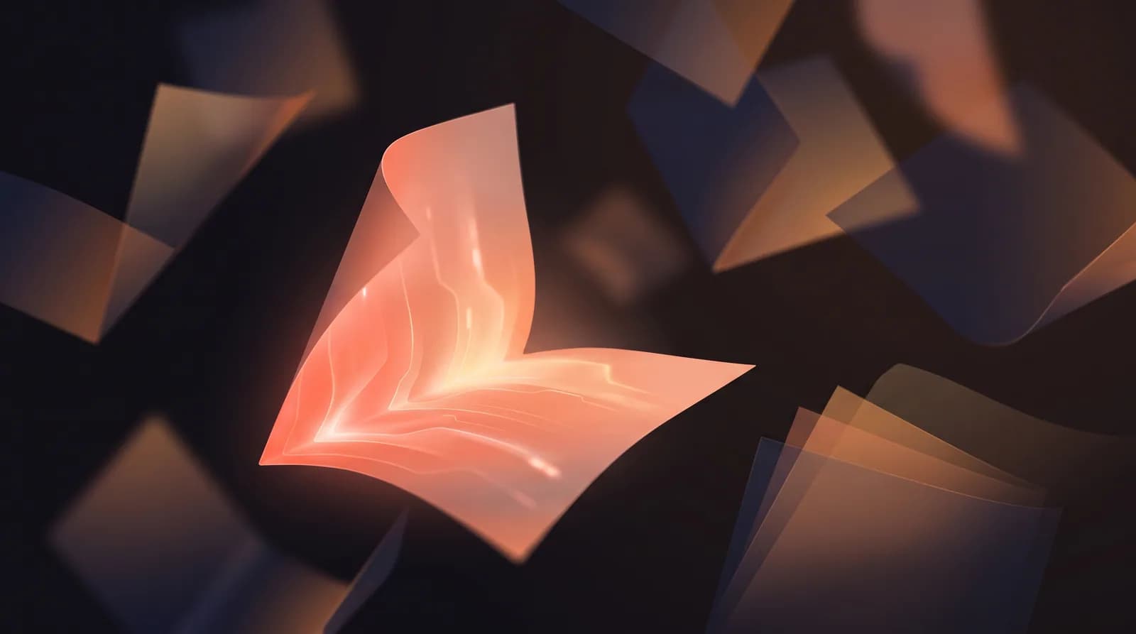 A folded blank sheet unfolding open and flattening into a clear glowing page, light spilling from within the fold.