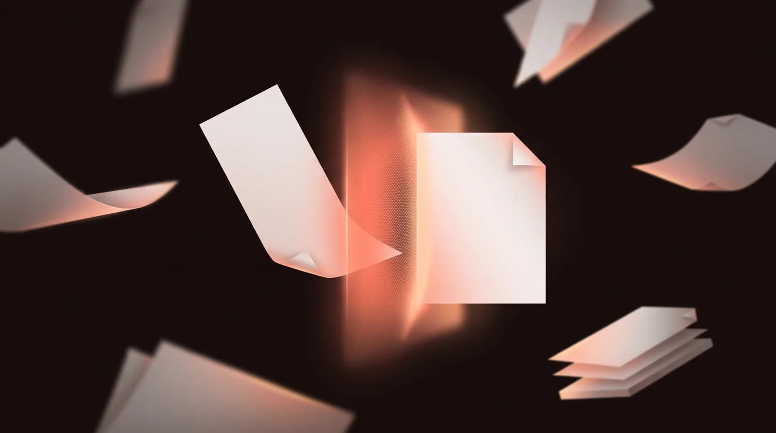 A blank sheet of unusual proportion passing through a threshold of light and emerging as a familiar standard page.
