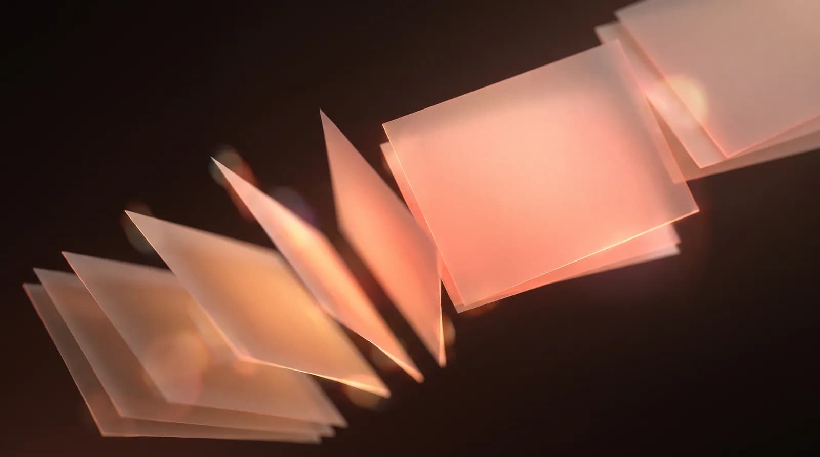 A deck of wide blank rectangular panels fanning open one after another in sequence, each catching more light.
