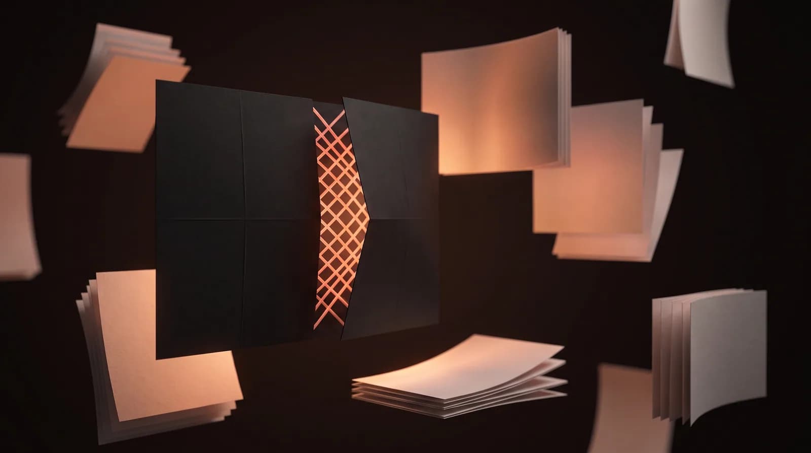 A sealed blank panel opening like a shutter to reveal a calm ordered lattice of soft light behind it.