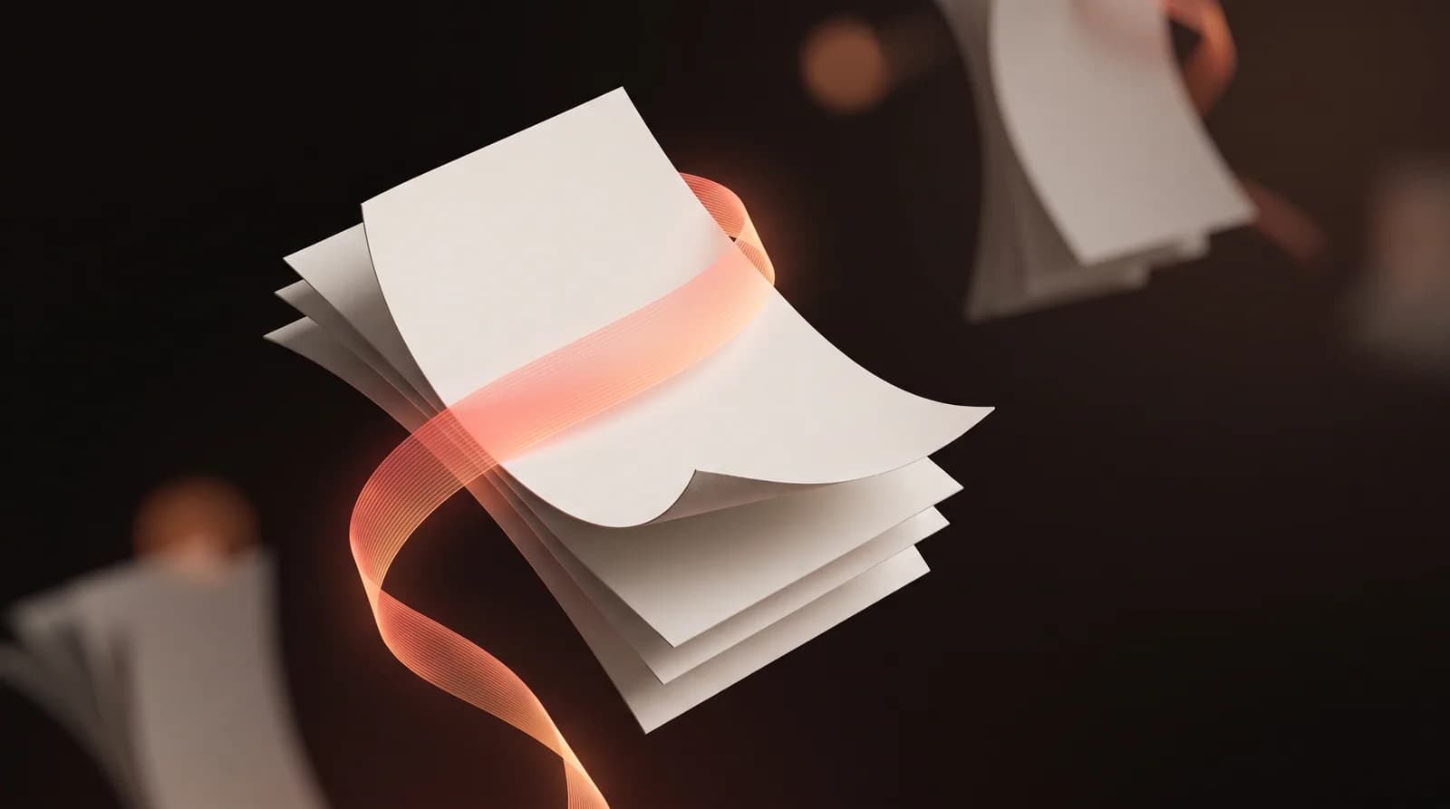 A slim band of light unwinding and falling away from a blank sheet it had been wrapped around, the sheet opening freely.