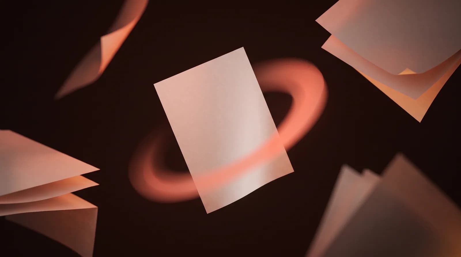 A single blank sheet caught mid-turn, pivoting a quarter rotation with an arc of light tracing its path.