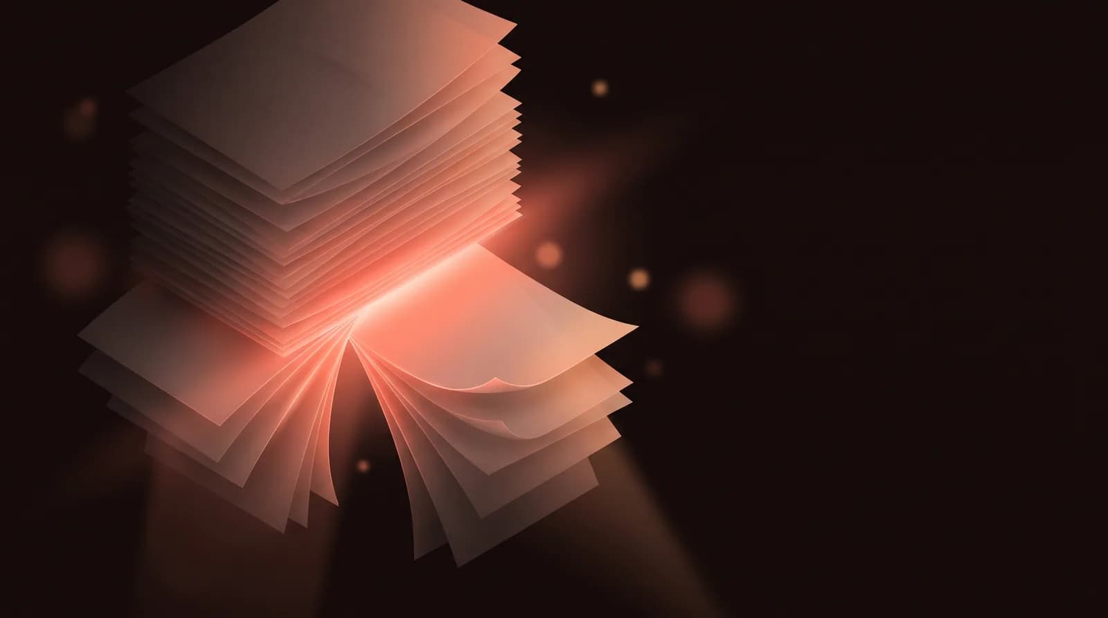 A single tall stack of blank pages parting cleanly into two separate stacks, with a bright seam of light at the split.