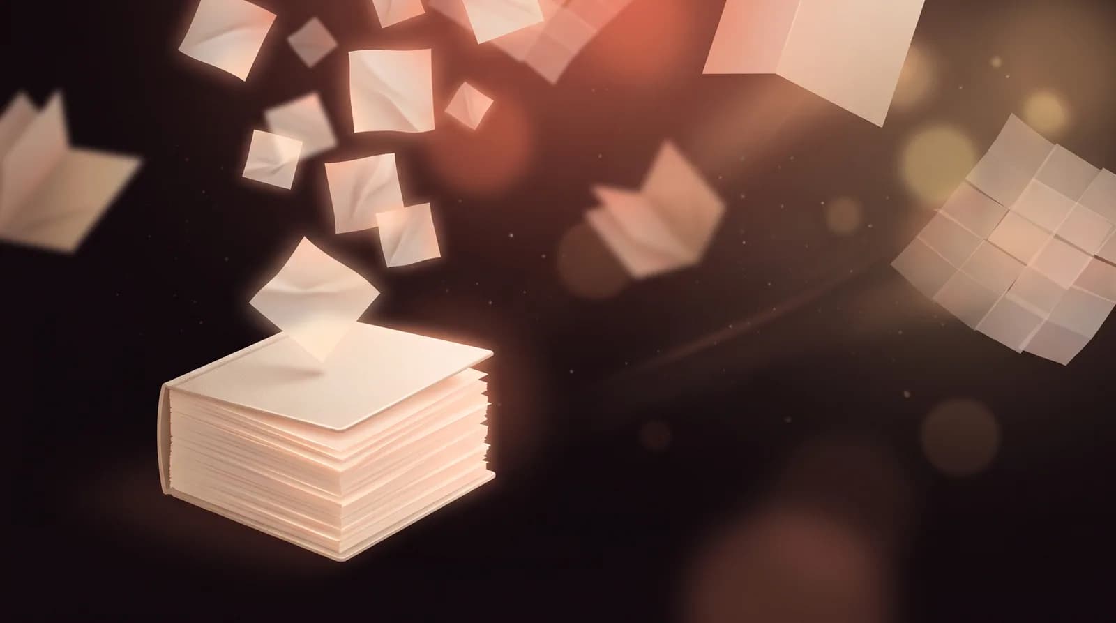 Small glowing square image planes drifting down and settling into a single tall stack of blank bound pages.