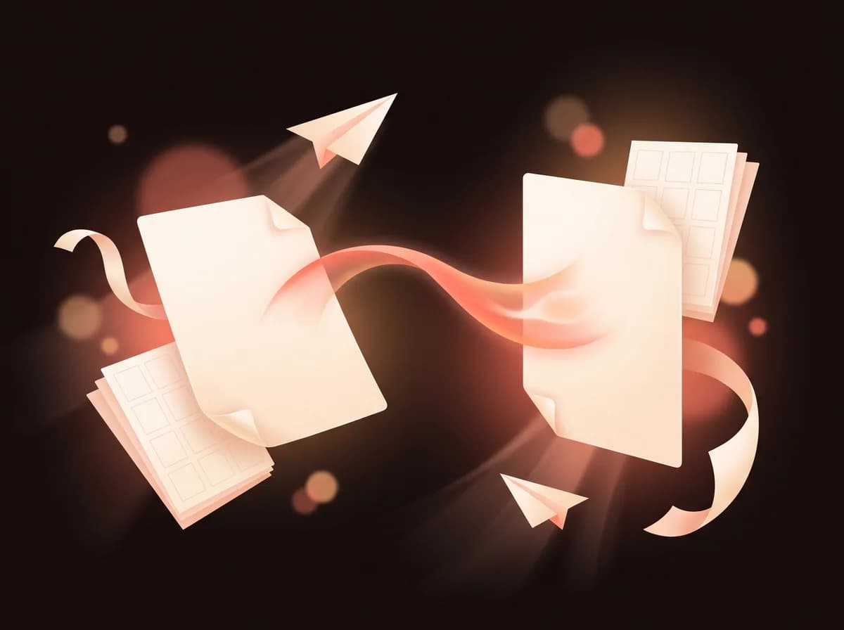 Illustration of the Office Converter: two sheets of different proportion exchanging form across an arc of light.