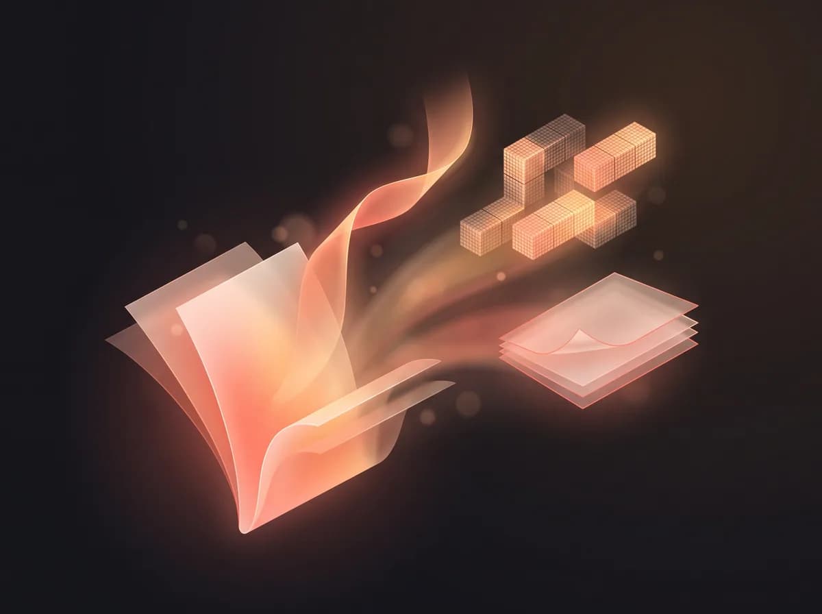Illustration of the PDF Converter: one page opening outward into several different kinds of output.