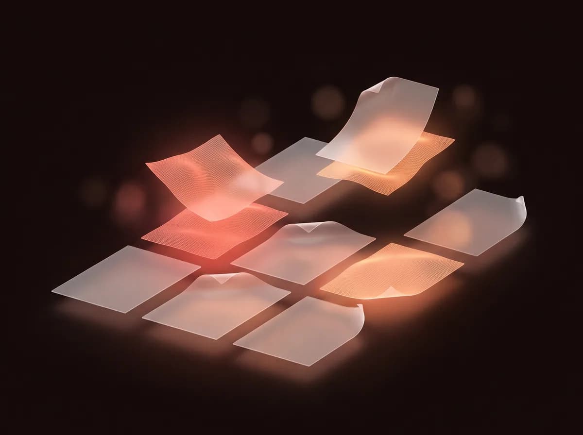Illustration of the PDF Organizer: a grid of page thumbnails with two lifted mid-rearrangement.